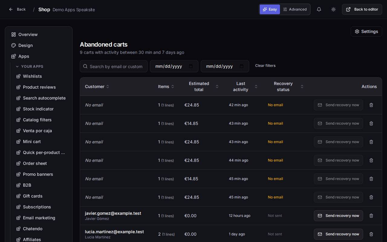Abandoned carts in the demo shop panel