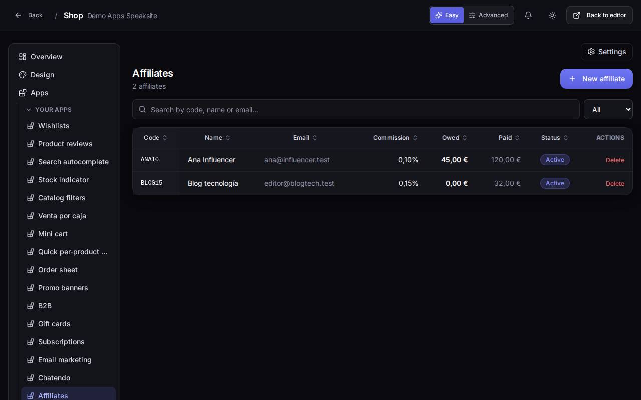Affiliates list in the demo shop panel