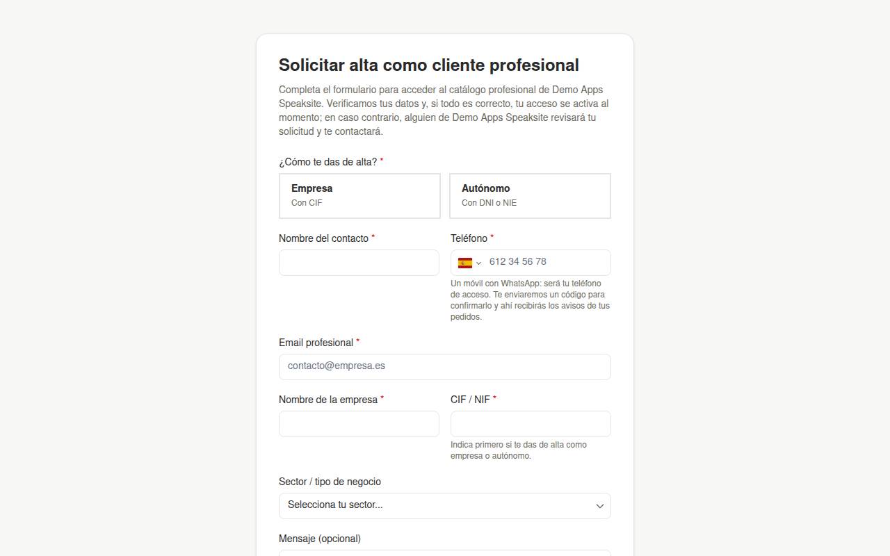 Business account sign-up form in the demo shop