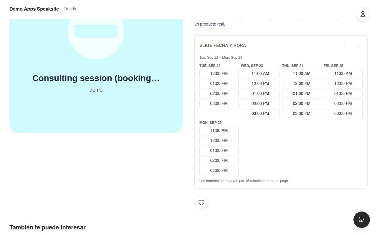 Booking calendar on a service's product page in the demo shop
