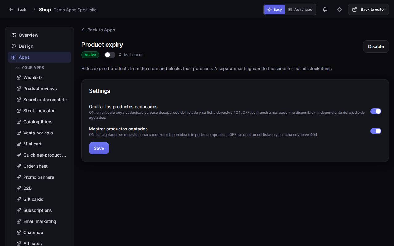 Product expiry app settings in the demo shop panel