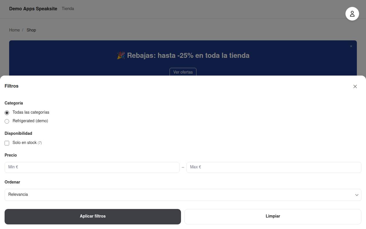 Catalogue filter panel open over the demo shop listing