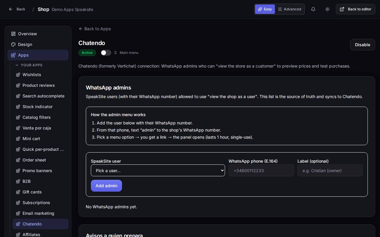 Chatendo app settings in the demo shop panel