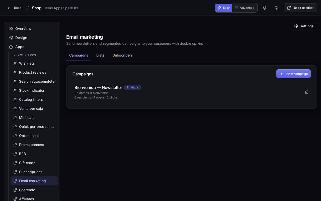 Email marketing screen in the demo shop panel