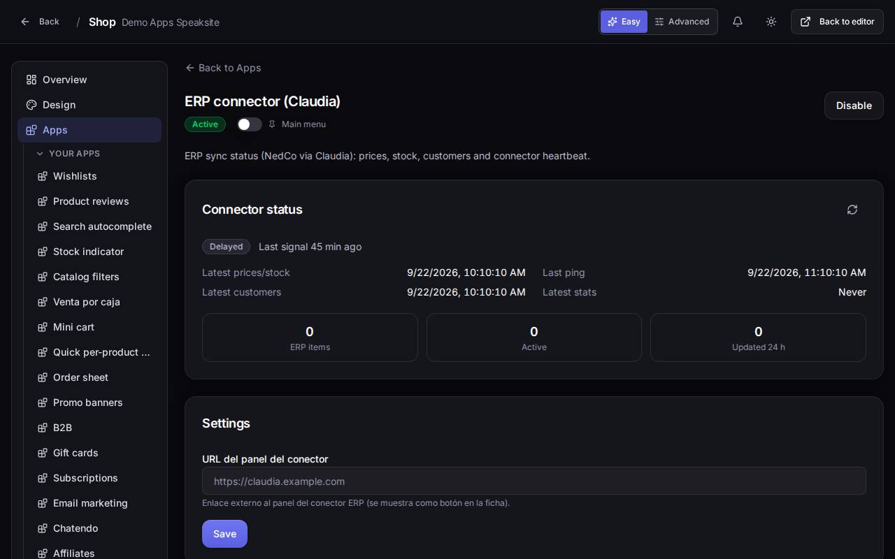 ERP sync status and Claudia connector heartbeat in the demo project panel