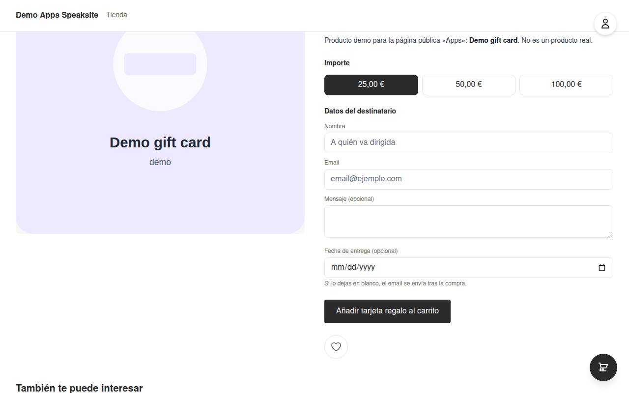 Gift card product page with amount selector in the demo shop