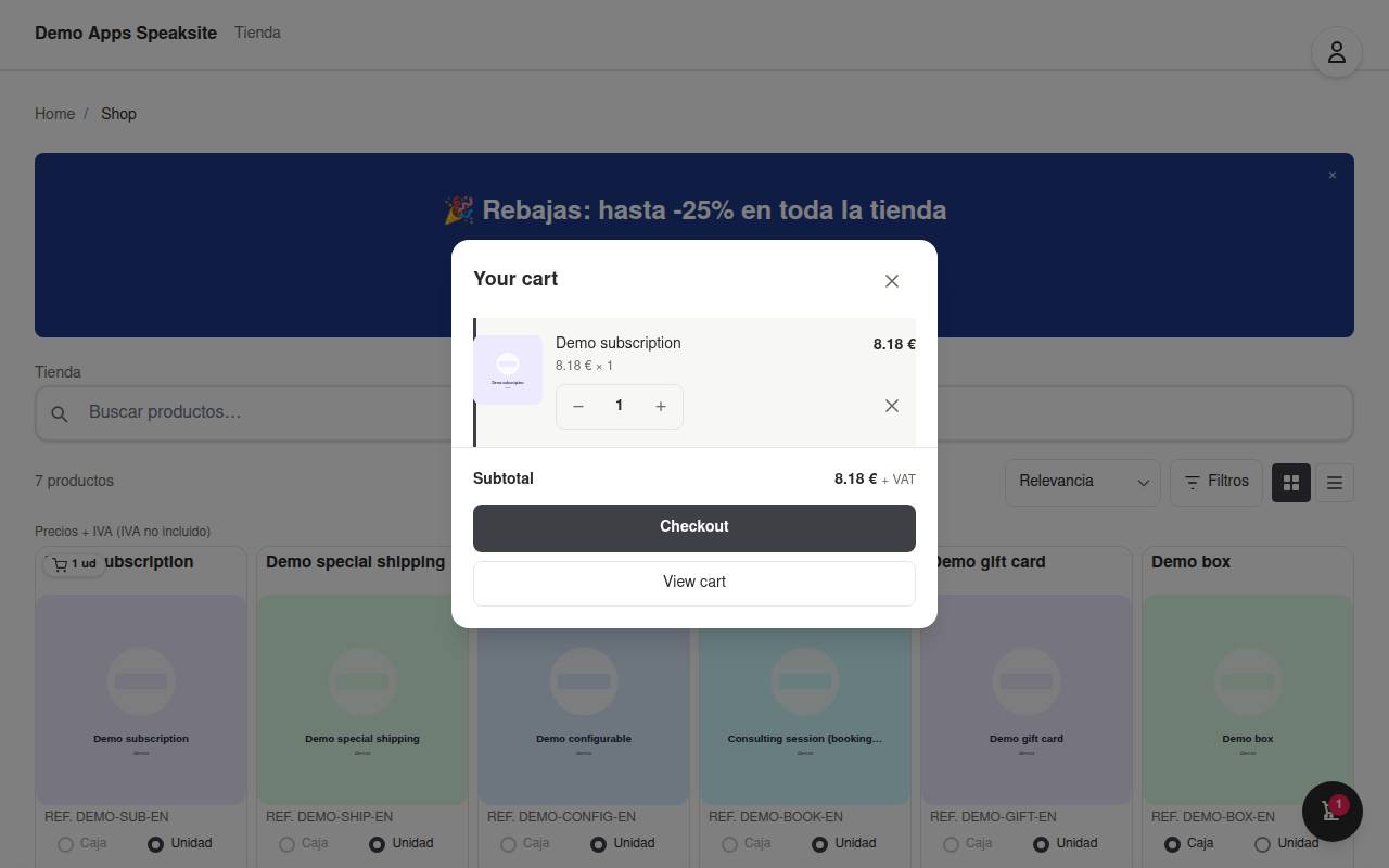 Quick cart opened from a product card in the demo shop catalogue
