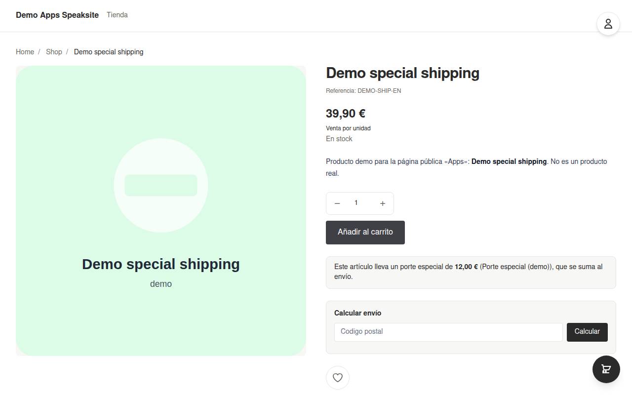 Special shipping notice on a product page of the demo shop