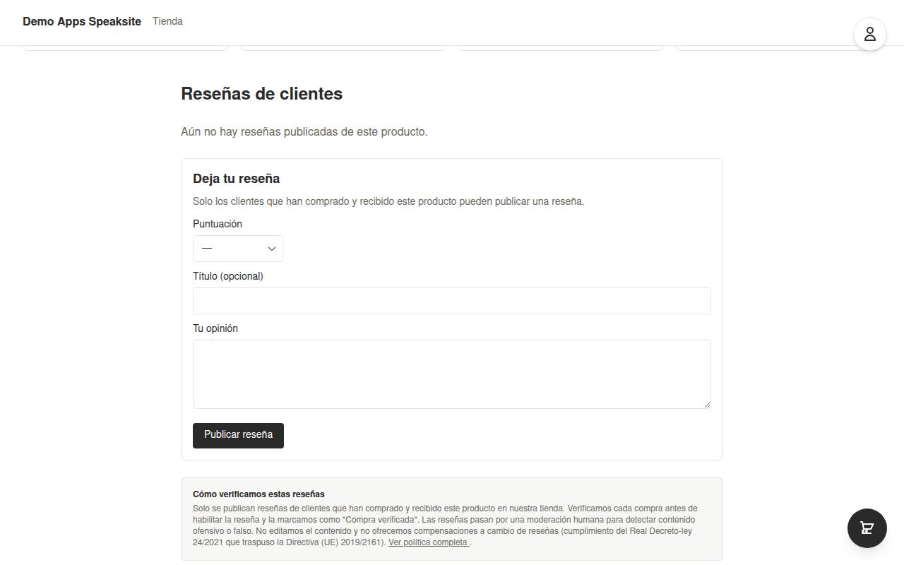 Customer ratings and reviews block at the bottom of a demo shop product page