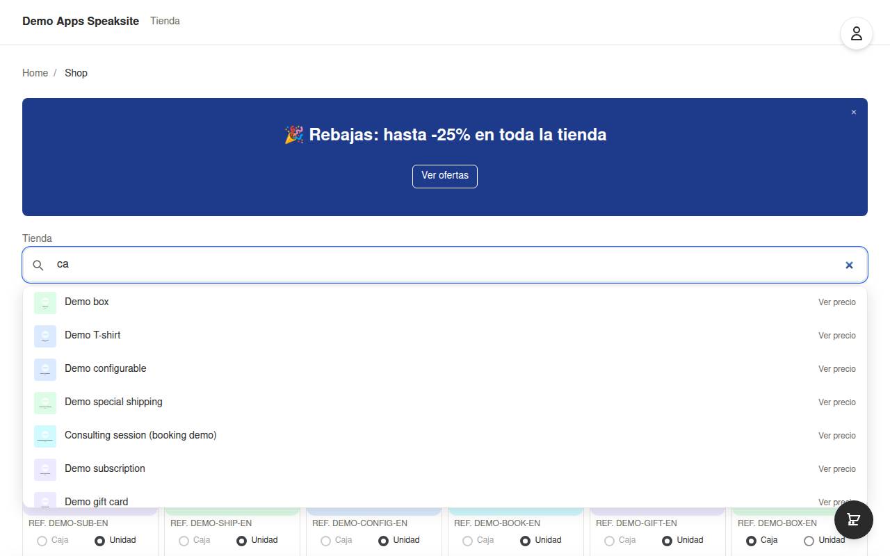 Search box with autocomplete at the top of the demo shop catalogue