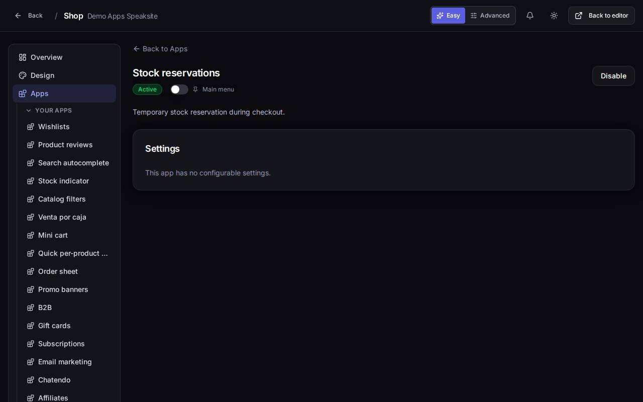Stock reservations app in the demo shop panel