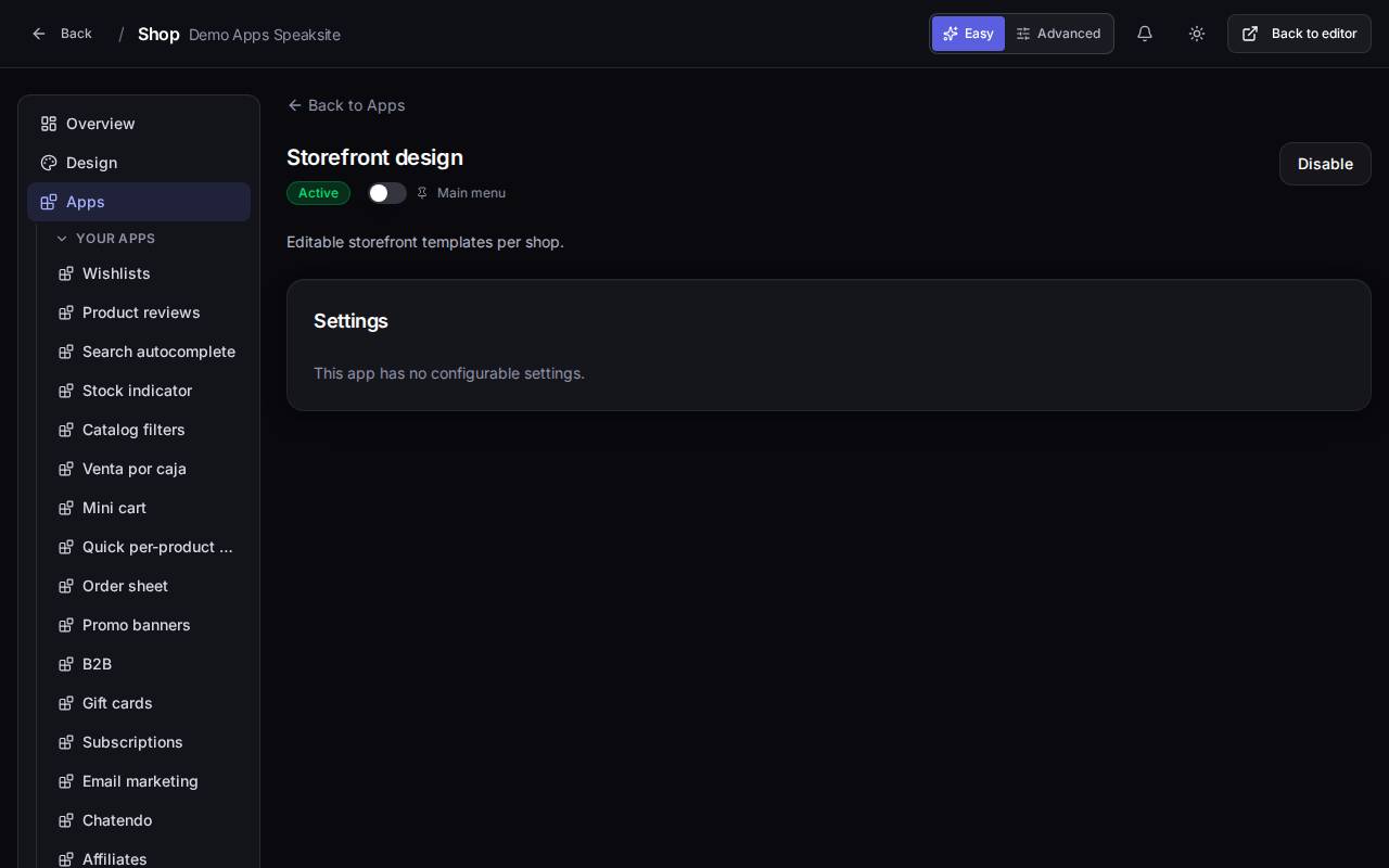Storefront design app in the demo shop panel