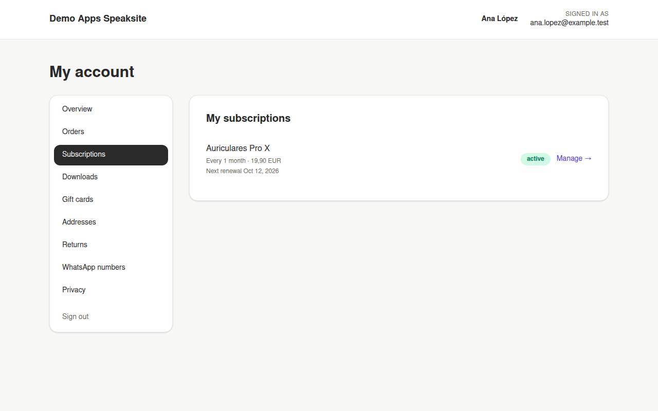 A customer's active subscriptions in their demo shop account