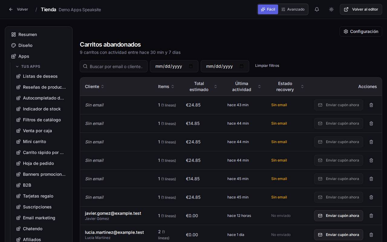 Carritos abandonados en el panel de la tienda demo
