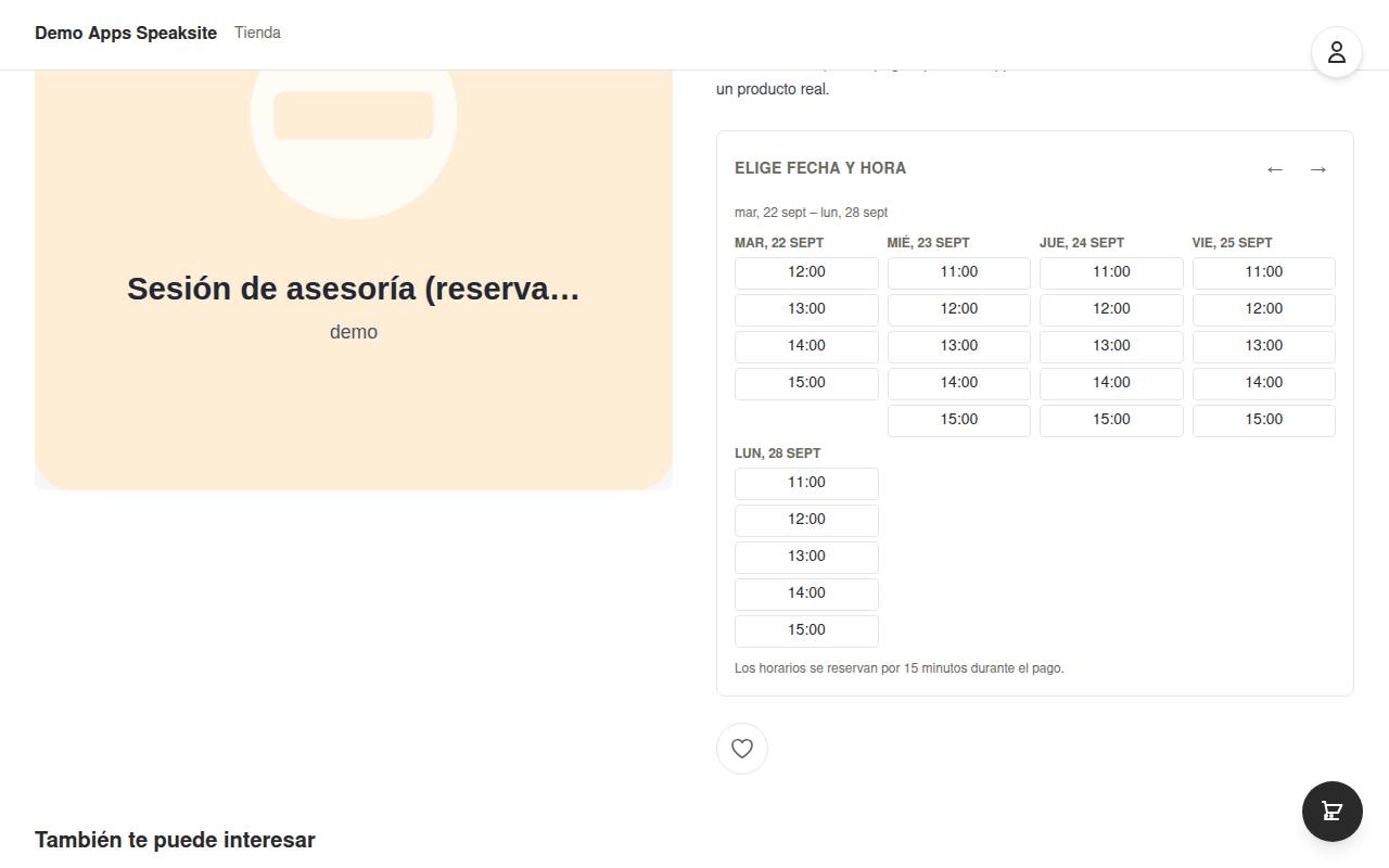 Calendario de reserva en la ficha de un servicio de la tienda demo