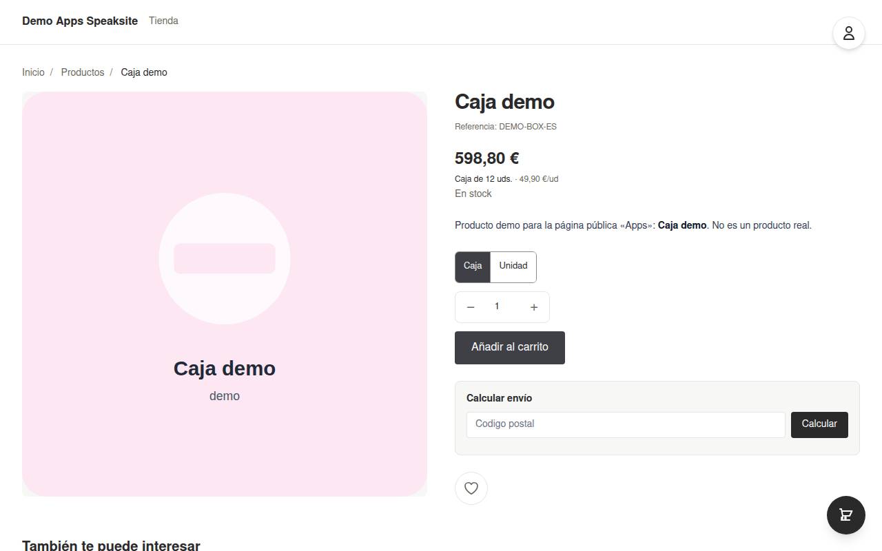 Selector caja/unidad en la ficha de un producto vendido por caja en la tienda demo