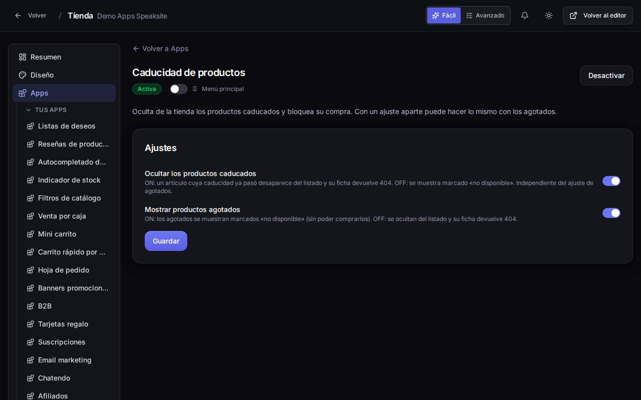 Ajustes de la app de caducidad de productos en el panel de la tienda demo
