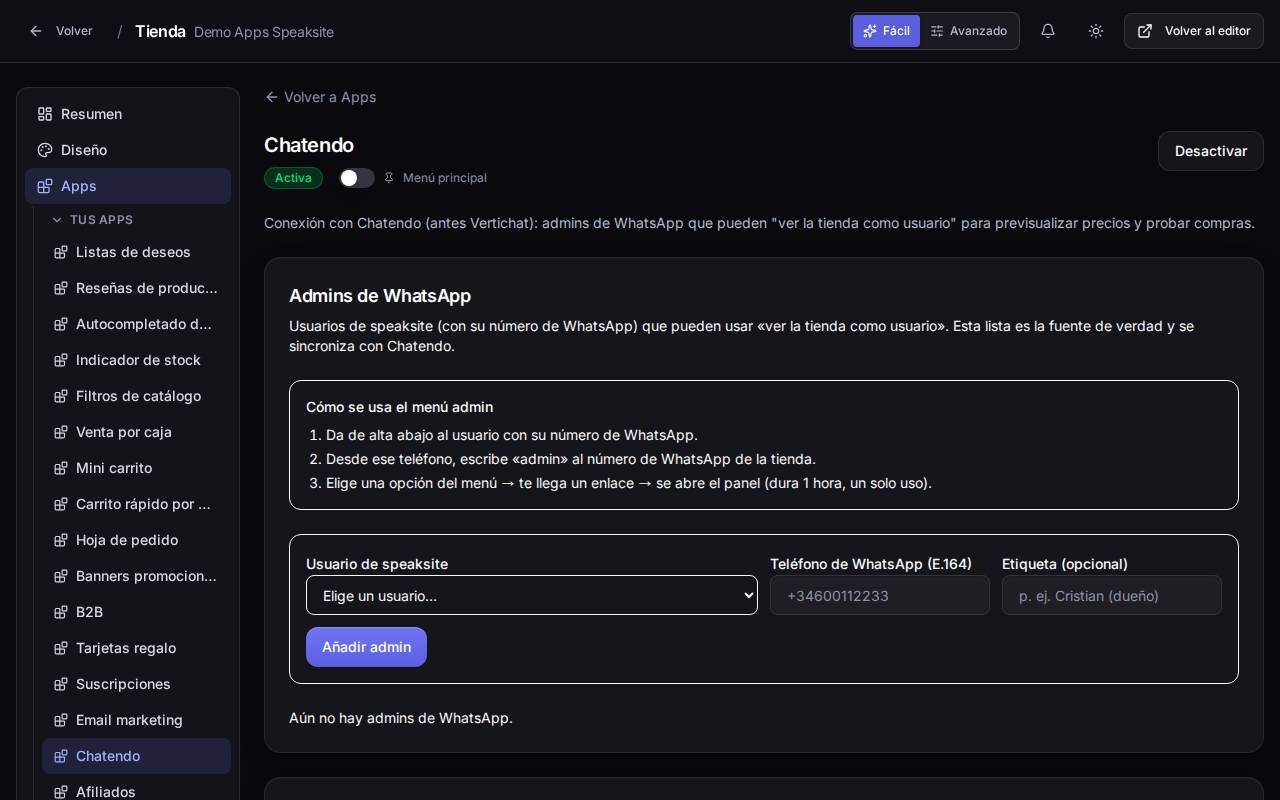 Configuración de la app Chatendo en el panel de la tienda demo
