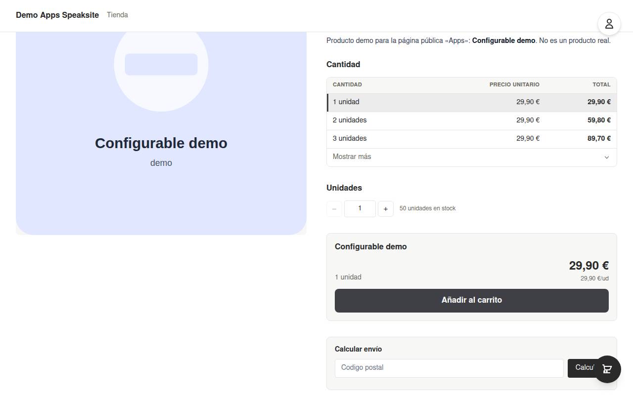 Configurador de modelo, color y zona de marcaje en la ficha de un producto personalizable de la tienda demo