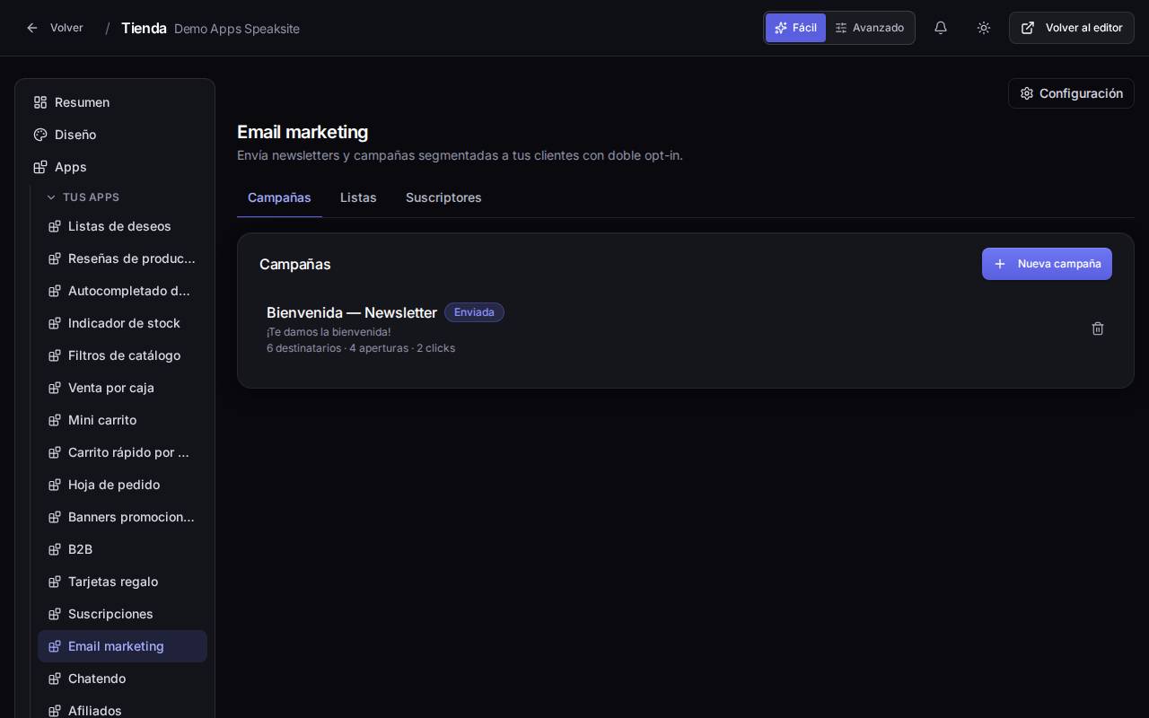 Pantalla de email marketing del panel de la tienda demo