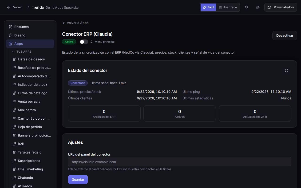 Estado de la sincronización con el ERP y señal de vida del conector Claudia en el panel del proyecto demo