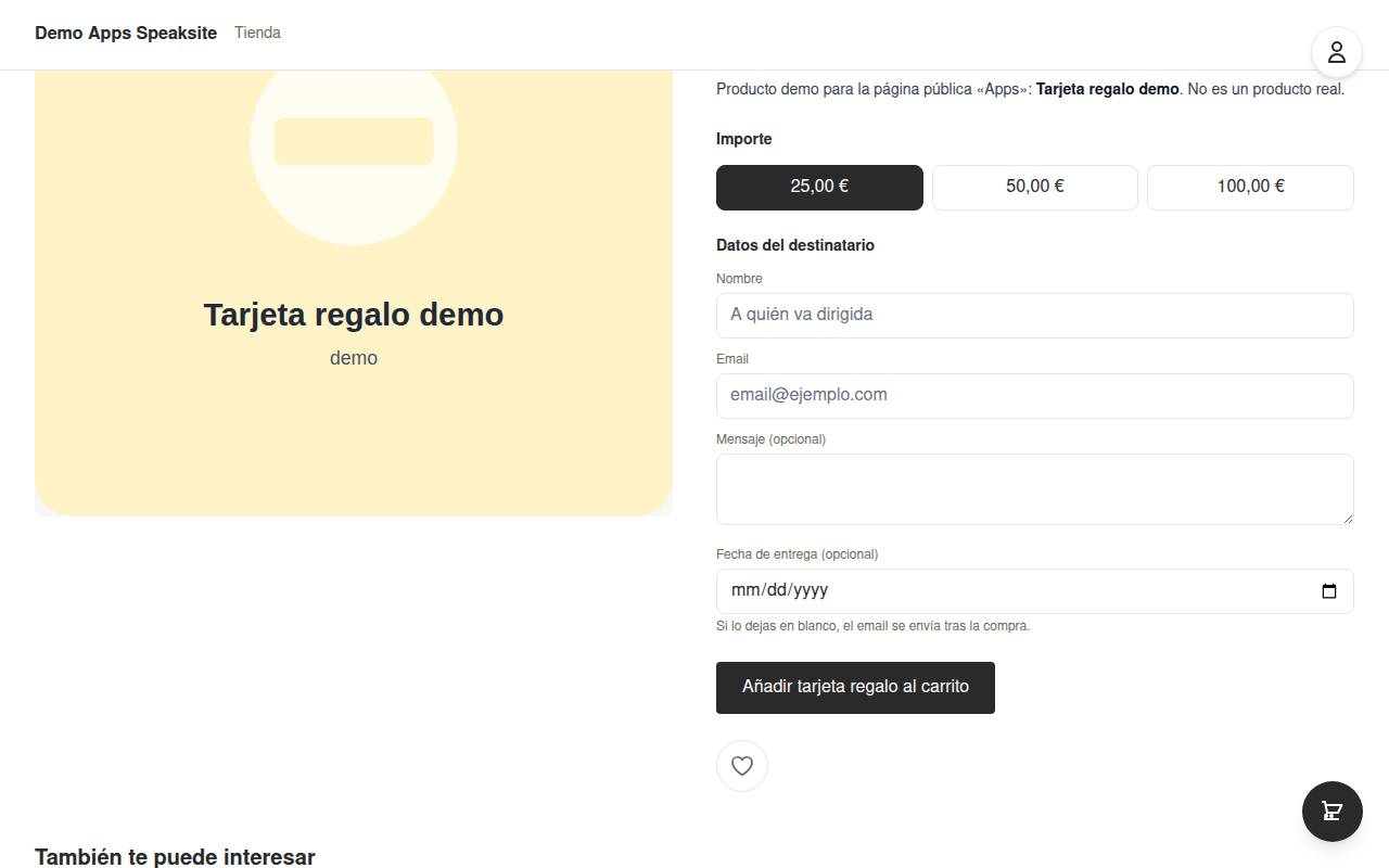 Ficha de tarjeta regalo con selector de importe en la tienda demo