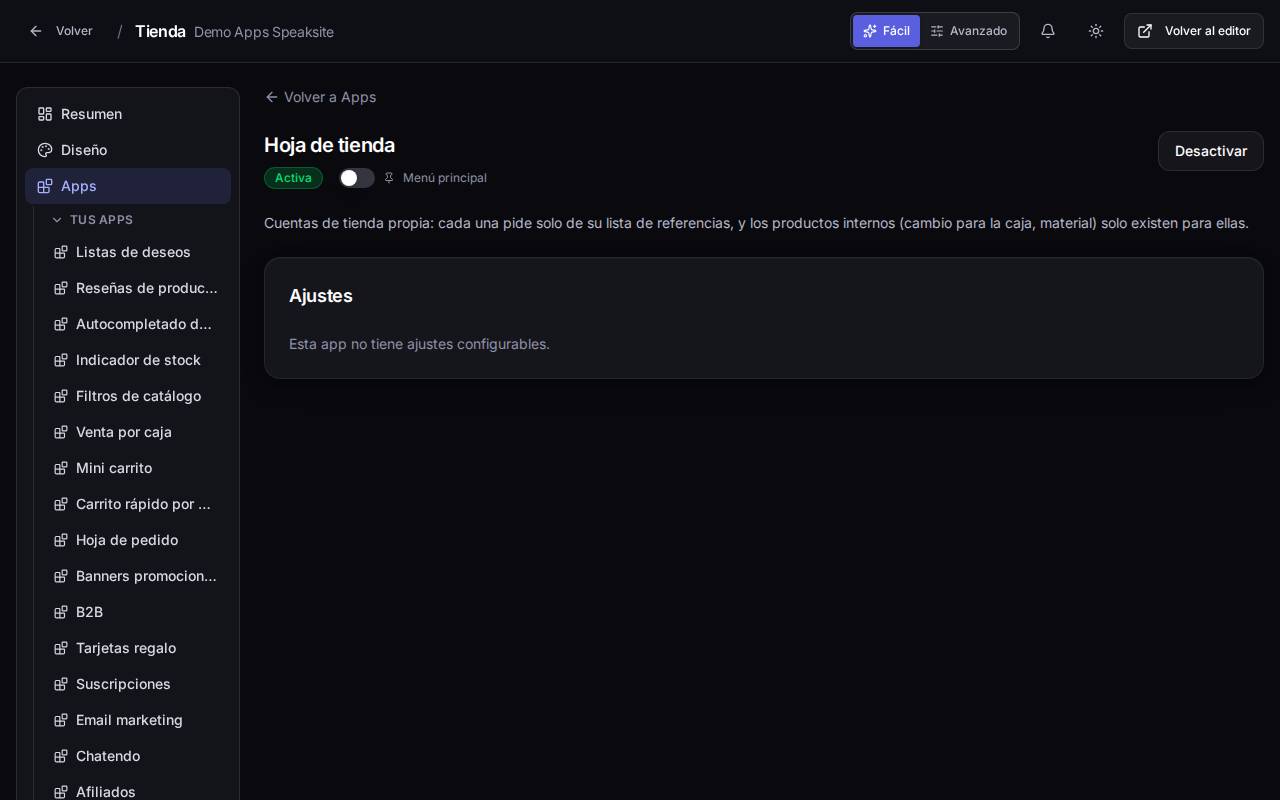 Cuenta de tienda propia con su lista de referencias en el panel del proyecto demo