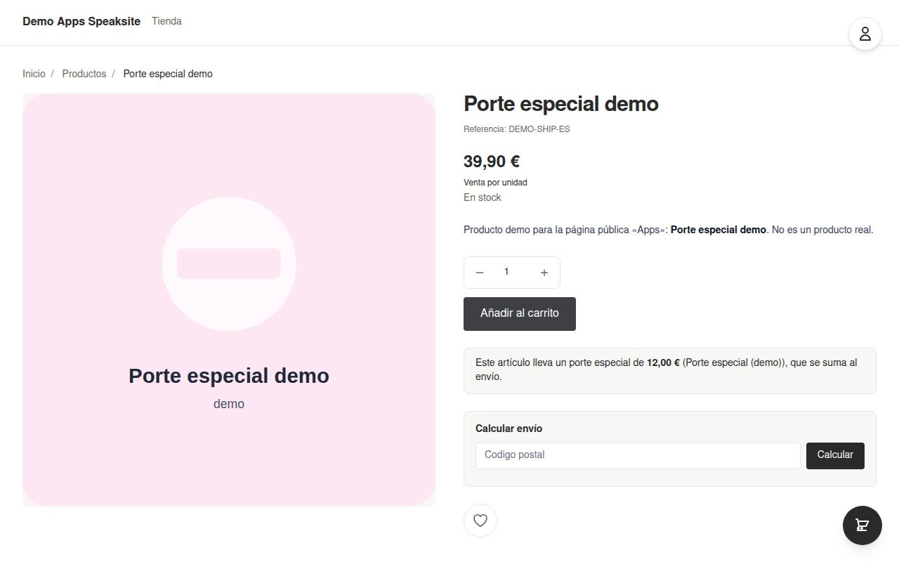 Aviso de porte especial en la ficha de un producto de la tienda demo