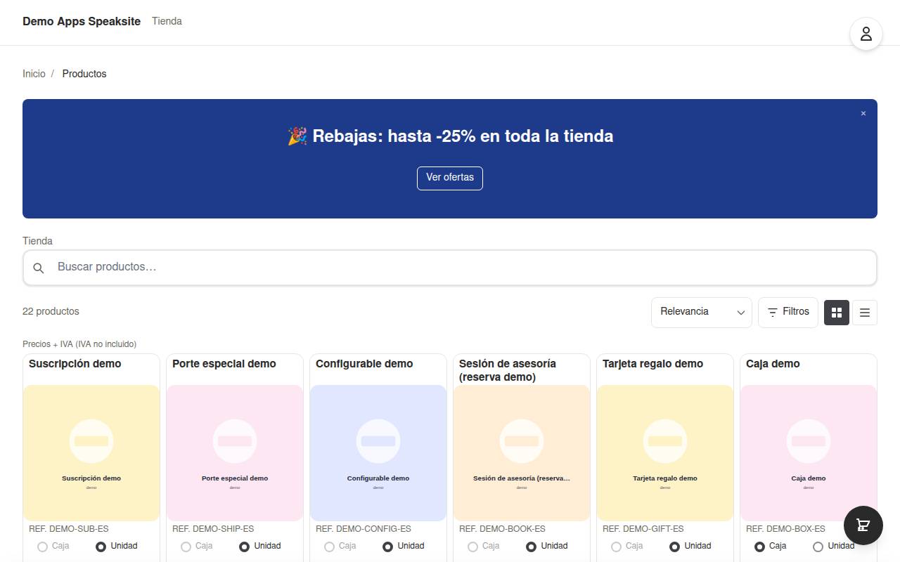 Banner promocional sobre el listado del catálogo de la tienda demo