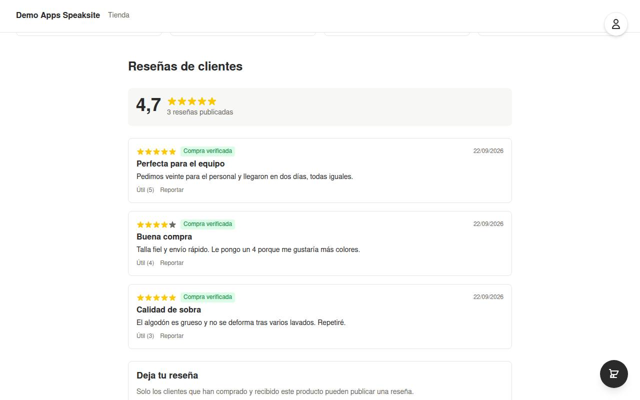 Bloque de valoraciones y reseñas de clientes al pie de la ficha de un producto de la tienda demo