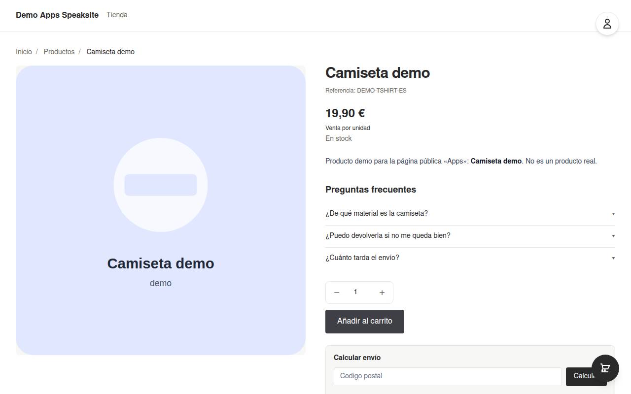 Indicador de disponibilidad («en stock») en la ficha de un producto de la tienda demo