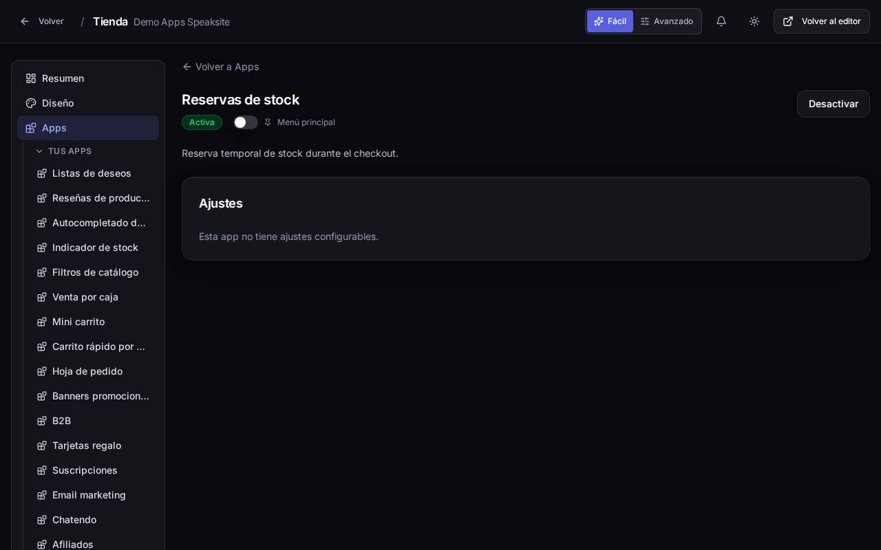 App de reservas de stock en el panel de la tienda demo
