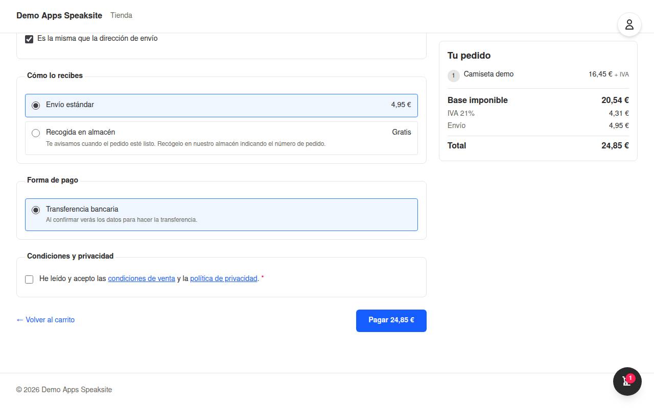 Opción de recogida en almacén entre las formas de entrega del checkout de la tienda demo
