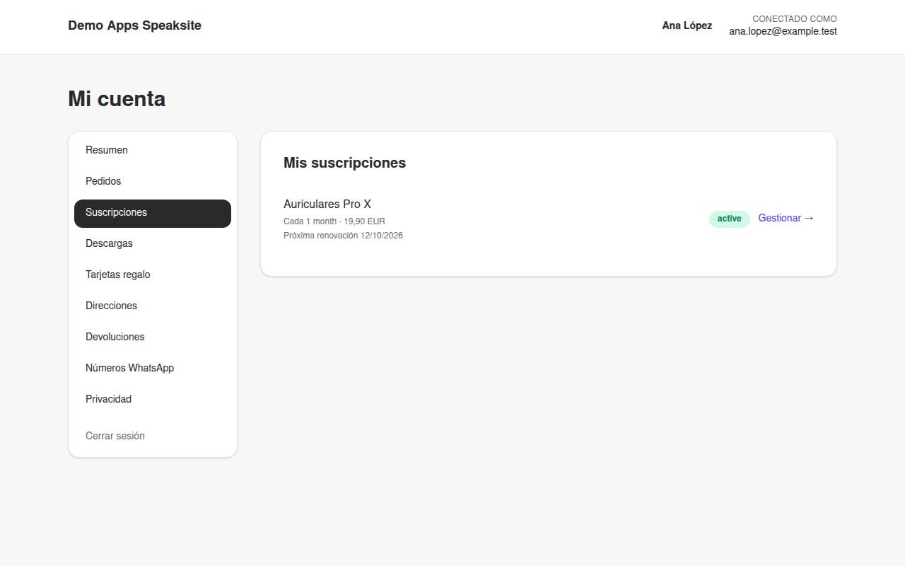 Suscripciones activas de un cliente en su cuenta de la tienda demo