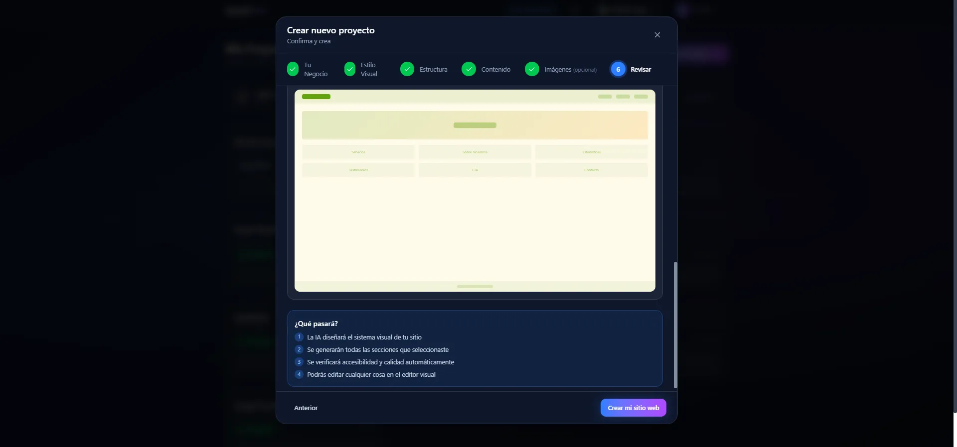 Asistente de creación de SpeakSite — revisa la vista previa de tu sitio antes de publicar