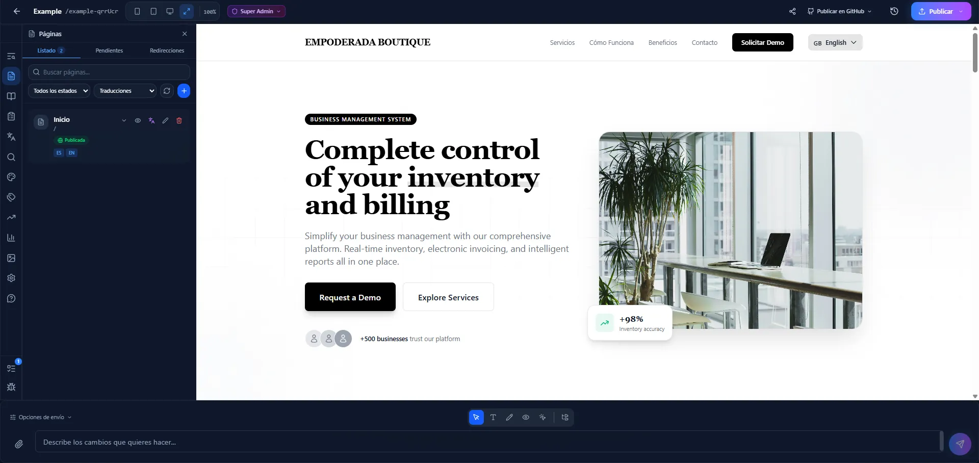 Editor de SpeakSite mostrando la versión traducida al inglés del sitio web