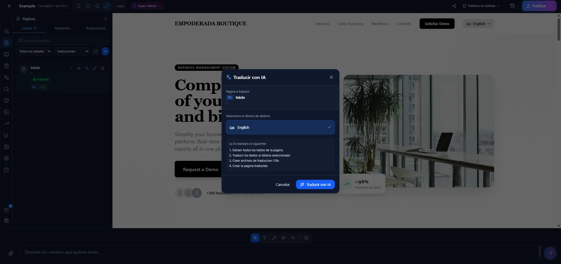 Modal de traducción con IA — traduce tu sitio web con un clic en SpeakSite