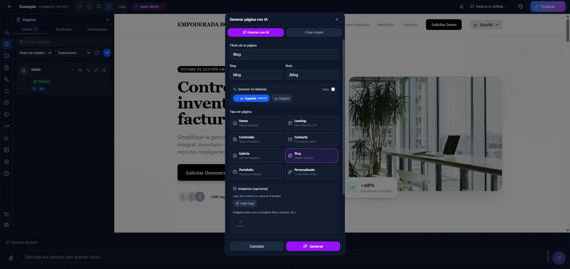Editor de páginas con IA — crea y ajusta contenido con instrucciones en lenguaje natural