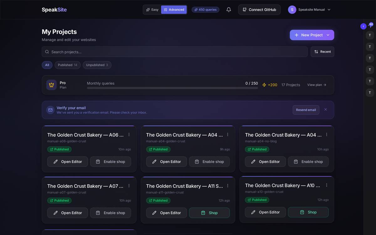 The dashboard with your projects. At the top, the Easy/Advanced switch, the credits you have left, the notifications bell and your account. Below, the search box, the filters, your plan and the grid of cards.
