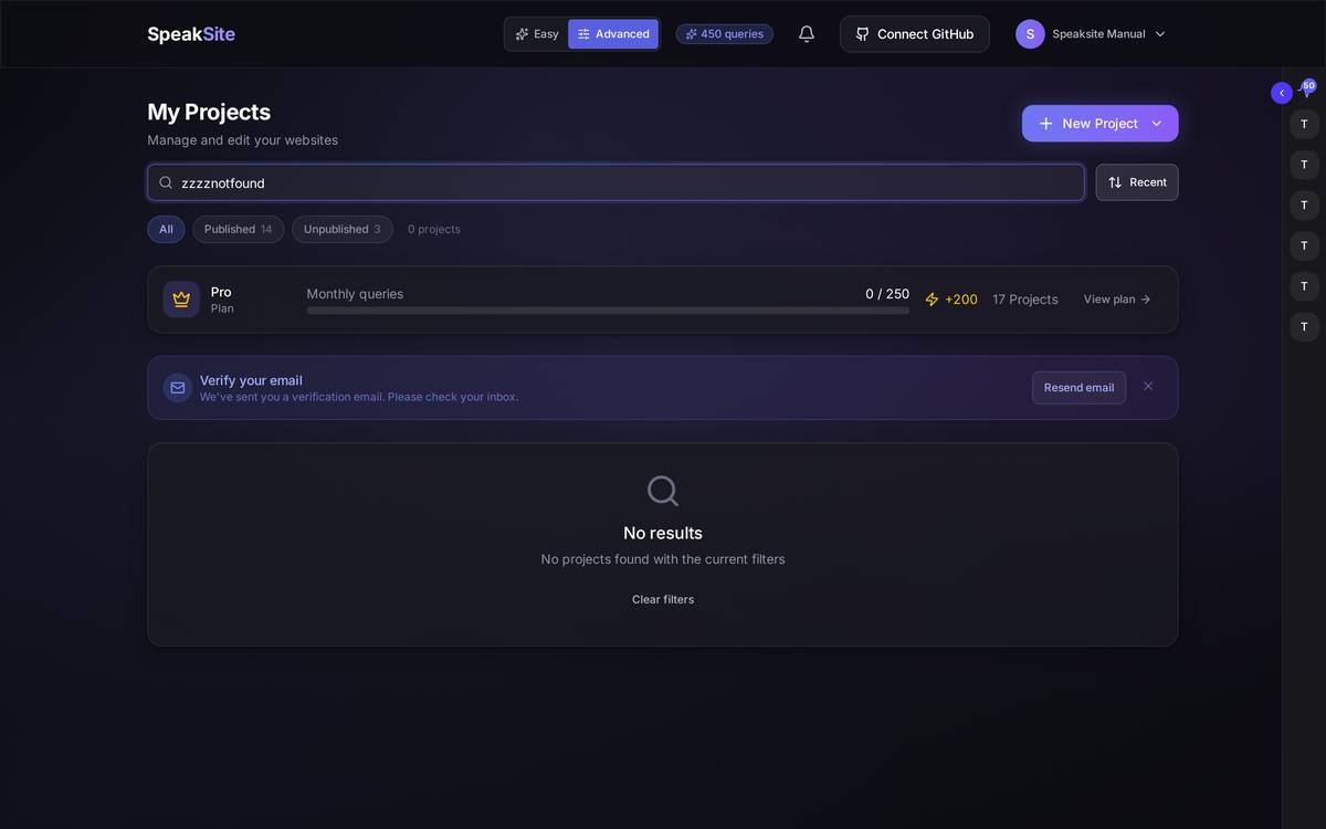 If nothing matches, the panel says so and offers *Clear filters*. If a site seems to be missing, check first that you haven't left a filter on.