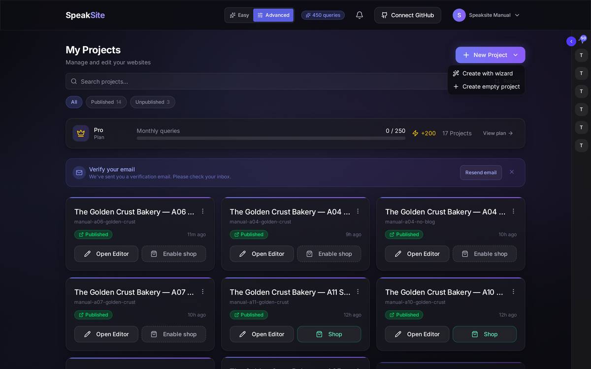 The two ways to start. *Create with wizard* is the AI route; *Create empty project* leaves you a project with no content.