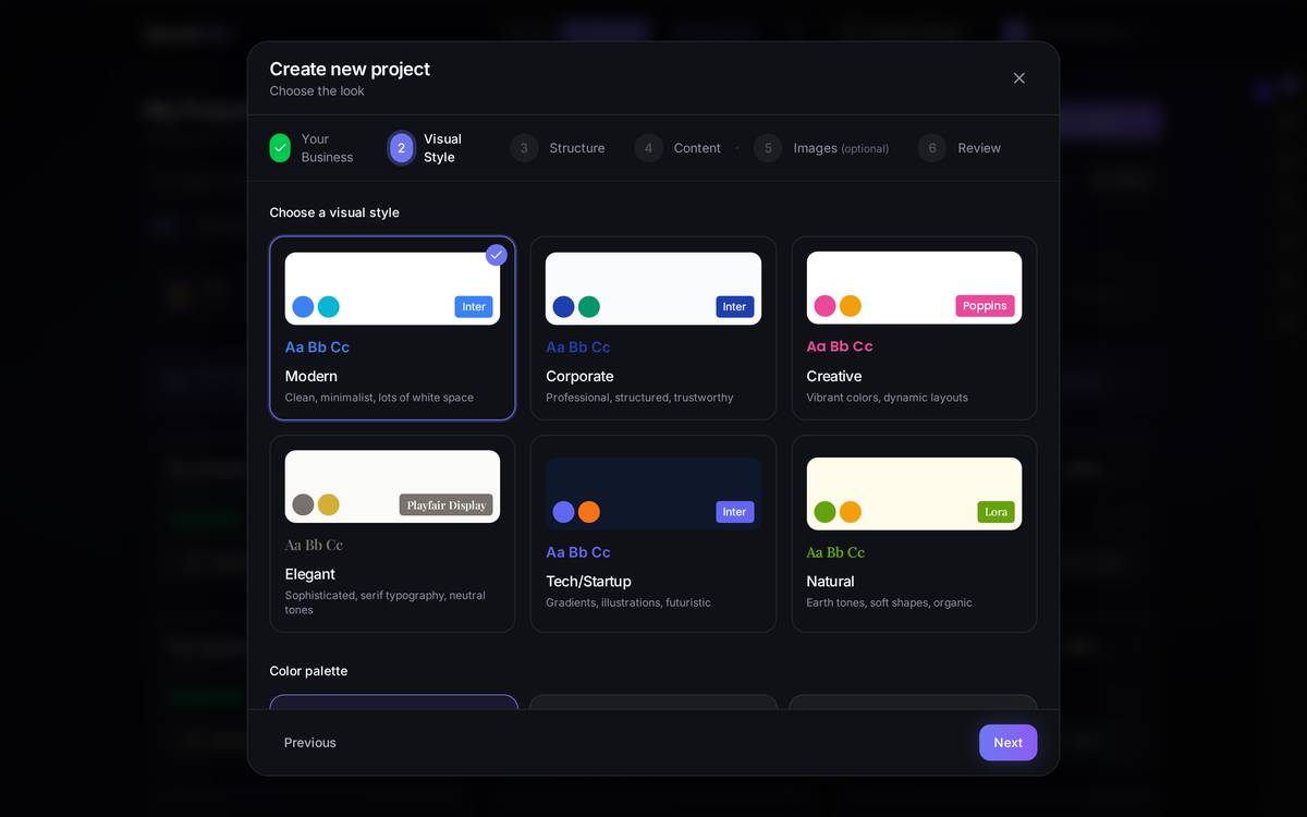 Six styles, each with its colour and typography sample. Below, the Color palette block, in case you want to set your own instead of letting the AI choose.