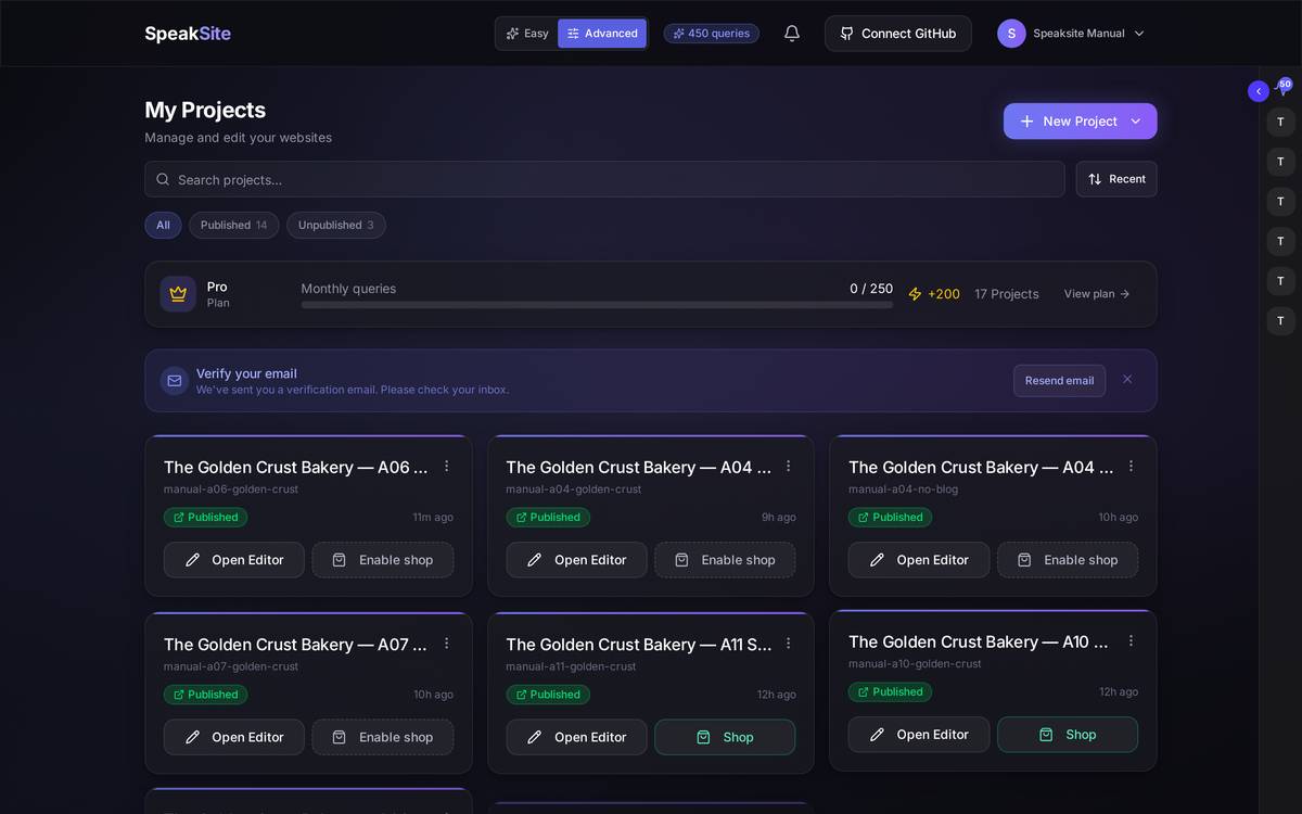 Meanwhile, back on the dashboard, that site shows up as a special card with a *Generating...* badge, its progress bar and the stage it's on. It has no buttons: until it finishes, there's nothing to open. Notice the *Generating* filter that has appeared at the top.