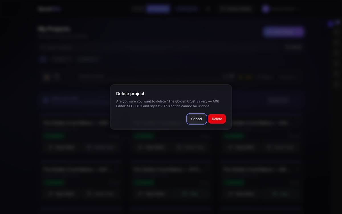 The confirmation names the project you're about to delete. Read it: it's the only thing standing between deleting the test site and deleting the real one.