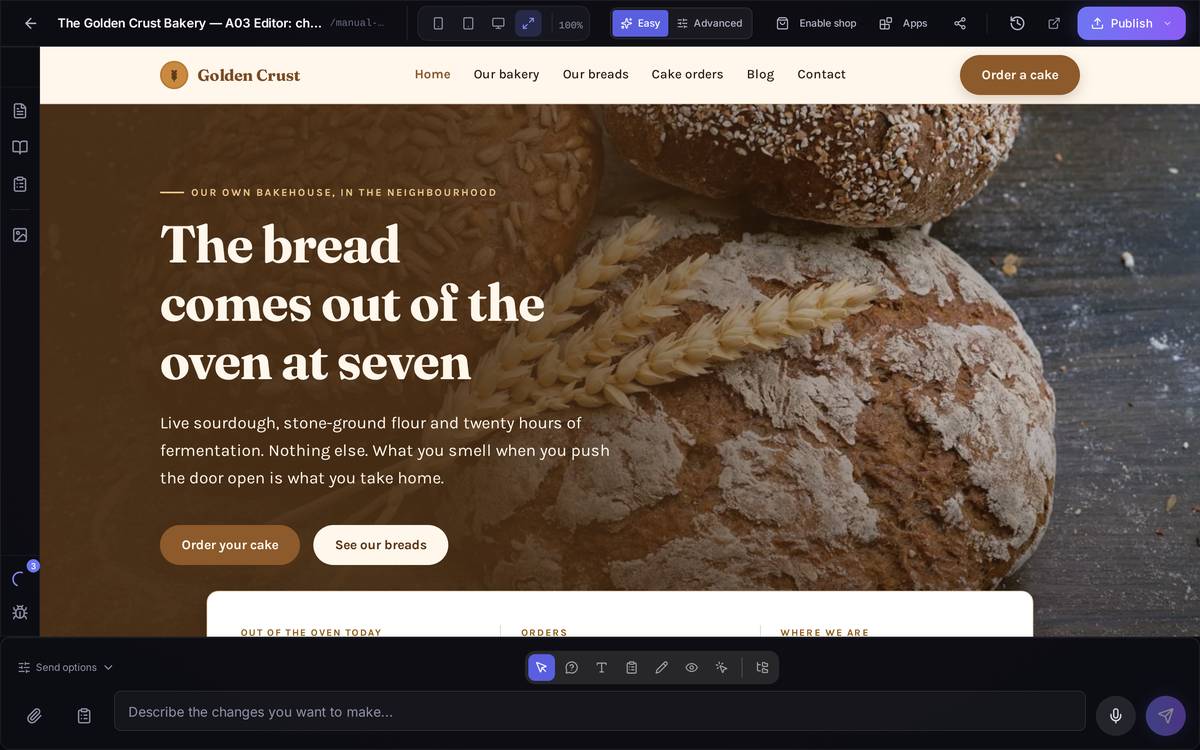 The editor just opened, in Easy mode. On the left, the tool bar; next to it, your site; at the bottom, the box where you talk to the AI.