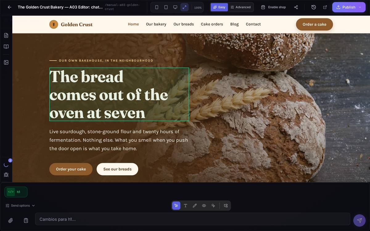 Select mode with the headline picked. Notice the "h1" label above the chat and how the box now reads "Changes for h1…".