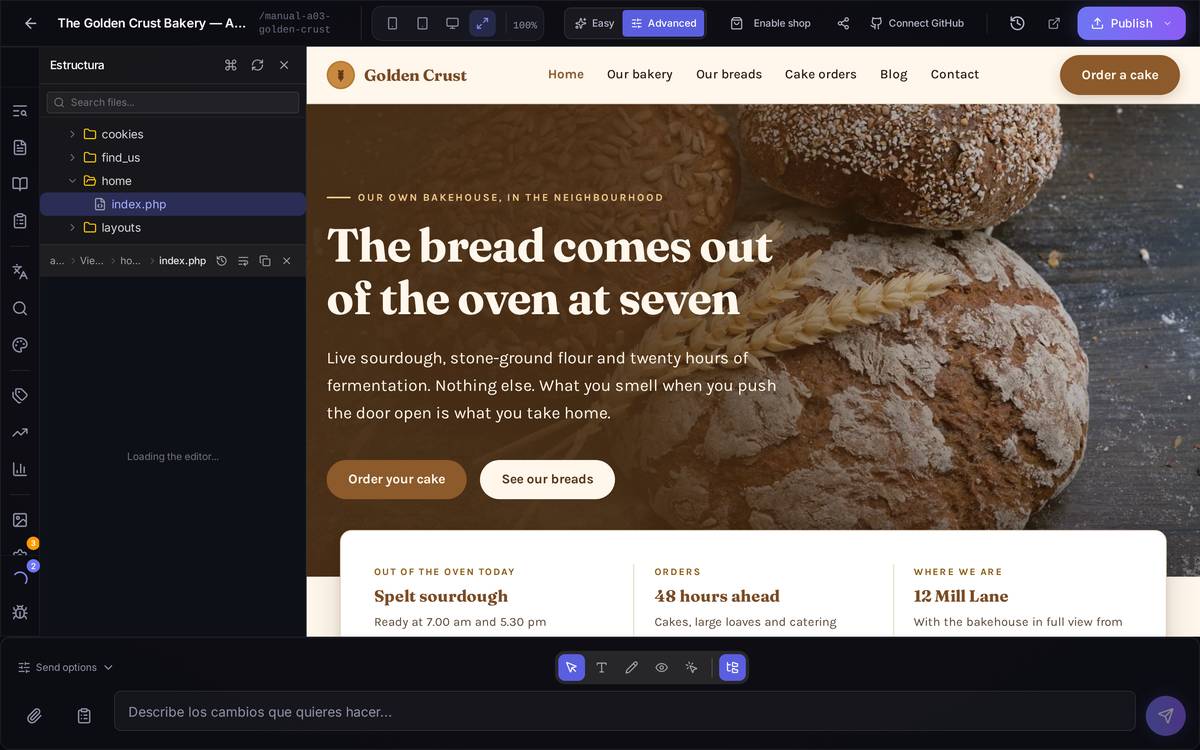 The home page's view selected inside `app / Views / home`, with its path shown above.