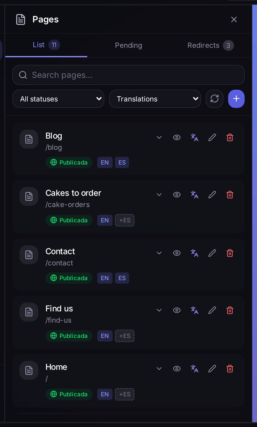 The page list of an example project. At the top, three tabs: List, Pending and Redirects. Below, a search box and two filters (status and translations). Each card carries its title, its address, whether it is published or a draft, which languages it exists in, and five buttons: view translations, view the site, translate, edit its details and delete.
