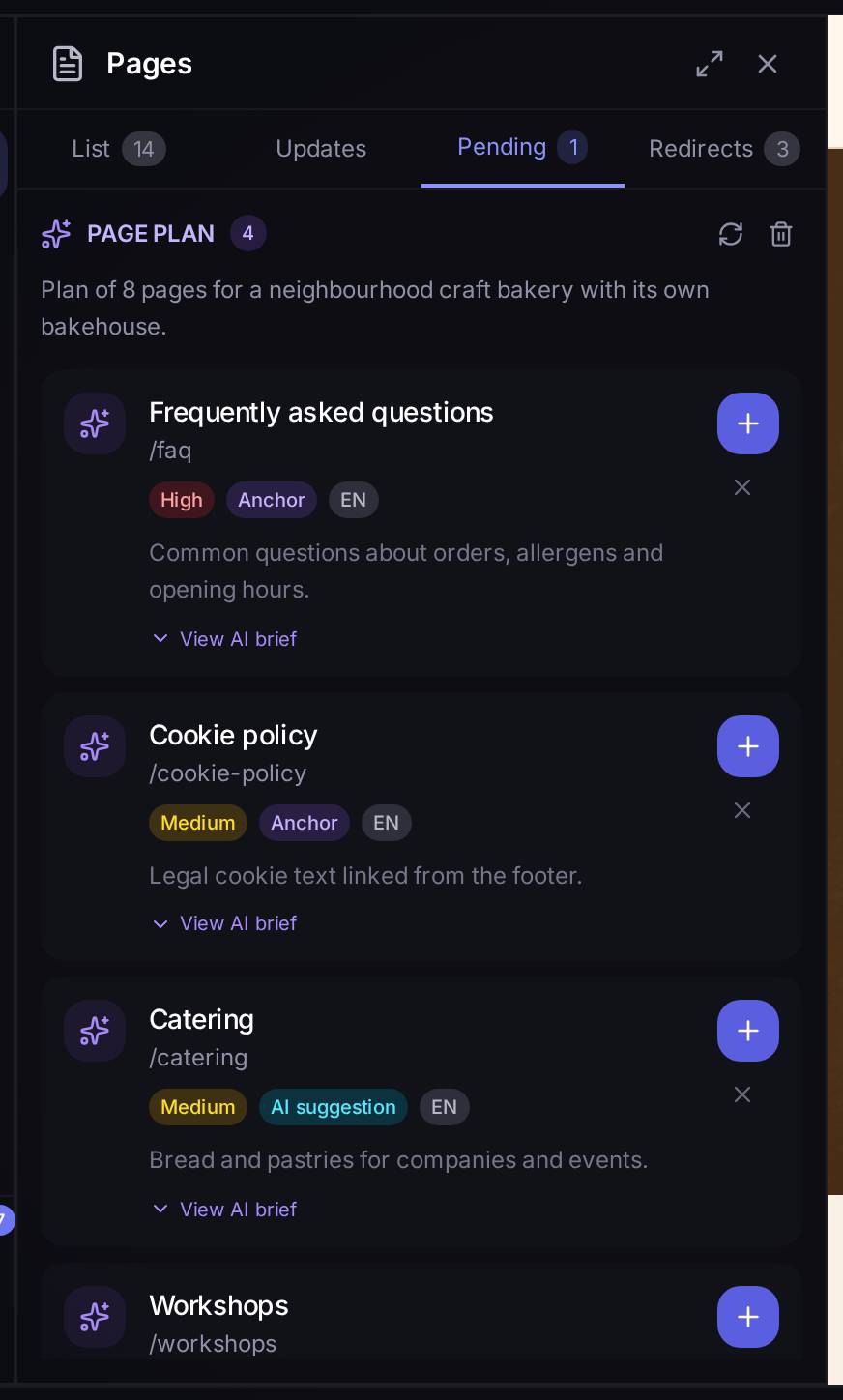 Two suggested pages waiting to be created ("Event catering", "Bread workshops", each with its priority and an expandable brief for the AI) and, below them, an amber warning: a link in the menu points at "Cookie policy", which doesn't exist as a page yet.