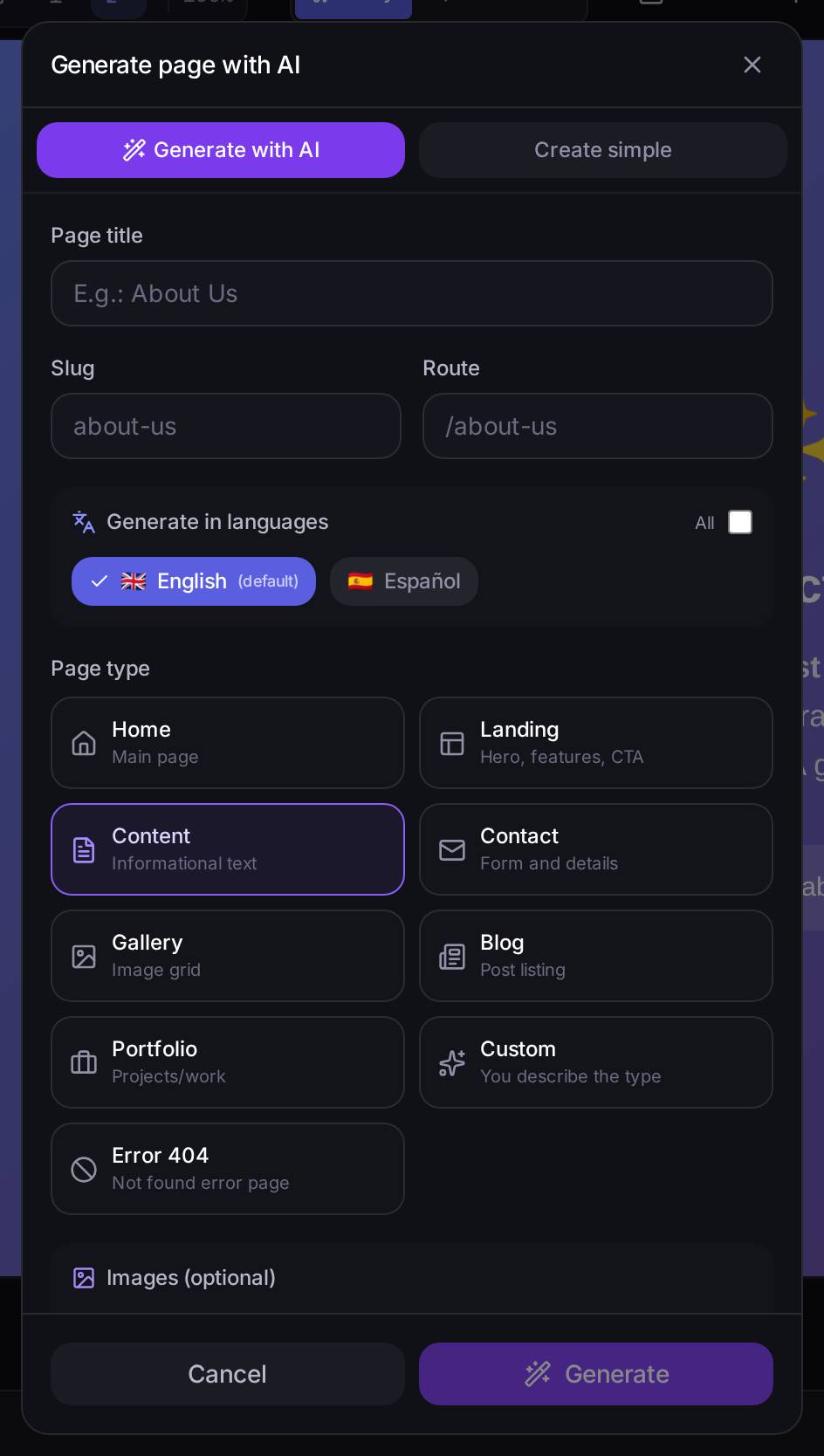 The create-page dialog, with **Generate with AI** selected. Title, address (slug and route, which fill themselves in as you type the title) and which languages to generate it in. Below that, the page type: Home, Landing, Content, Contact, Gallery, Blog, Portfolio, Custom or Error 404 — each one tells the AI which blocks to use. At the bottom, an optional area for uploading reference images.